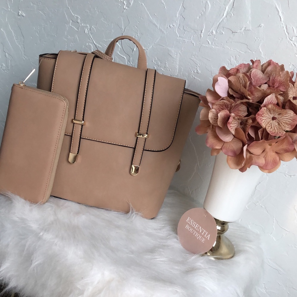Taupe Faux Leather Backpack and Wallet